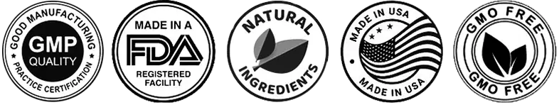 GMP Quality, Made in an FDA-registered facility, Natural Ingredients, Made in USA, GMO Free certification badges