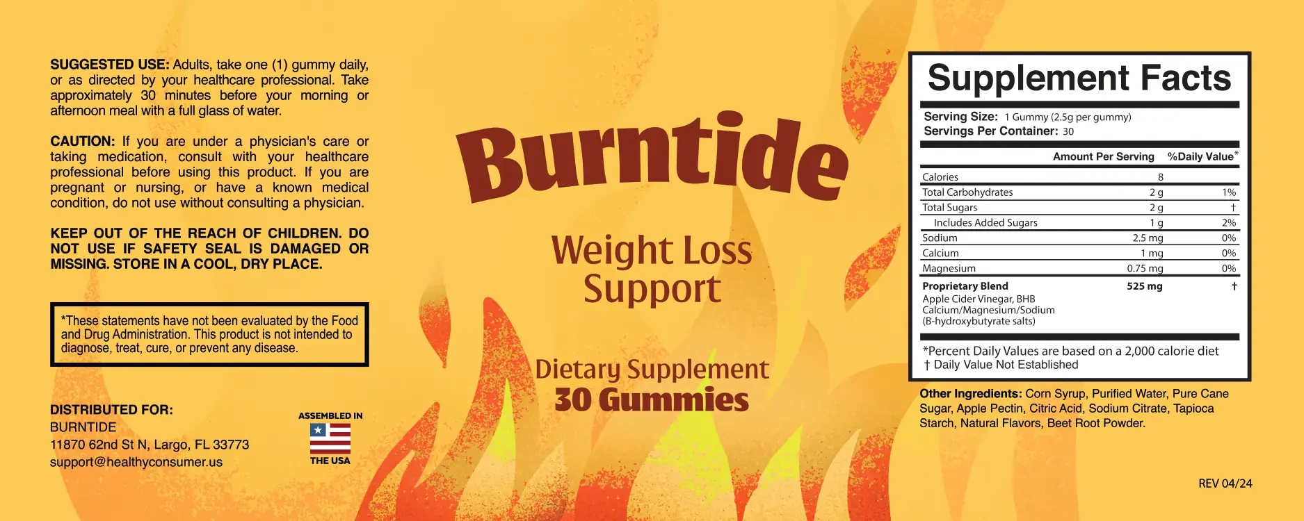 BurnTide Supplement Facts label showing BHB salts and apple cider vinegar proprietary blend