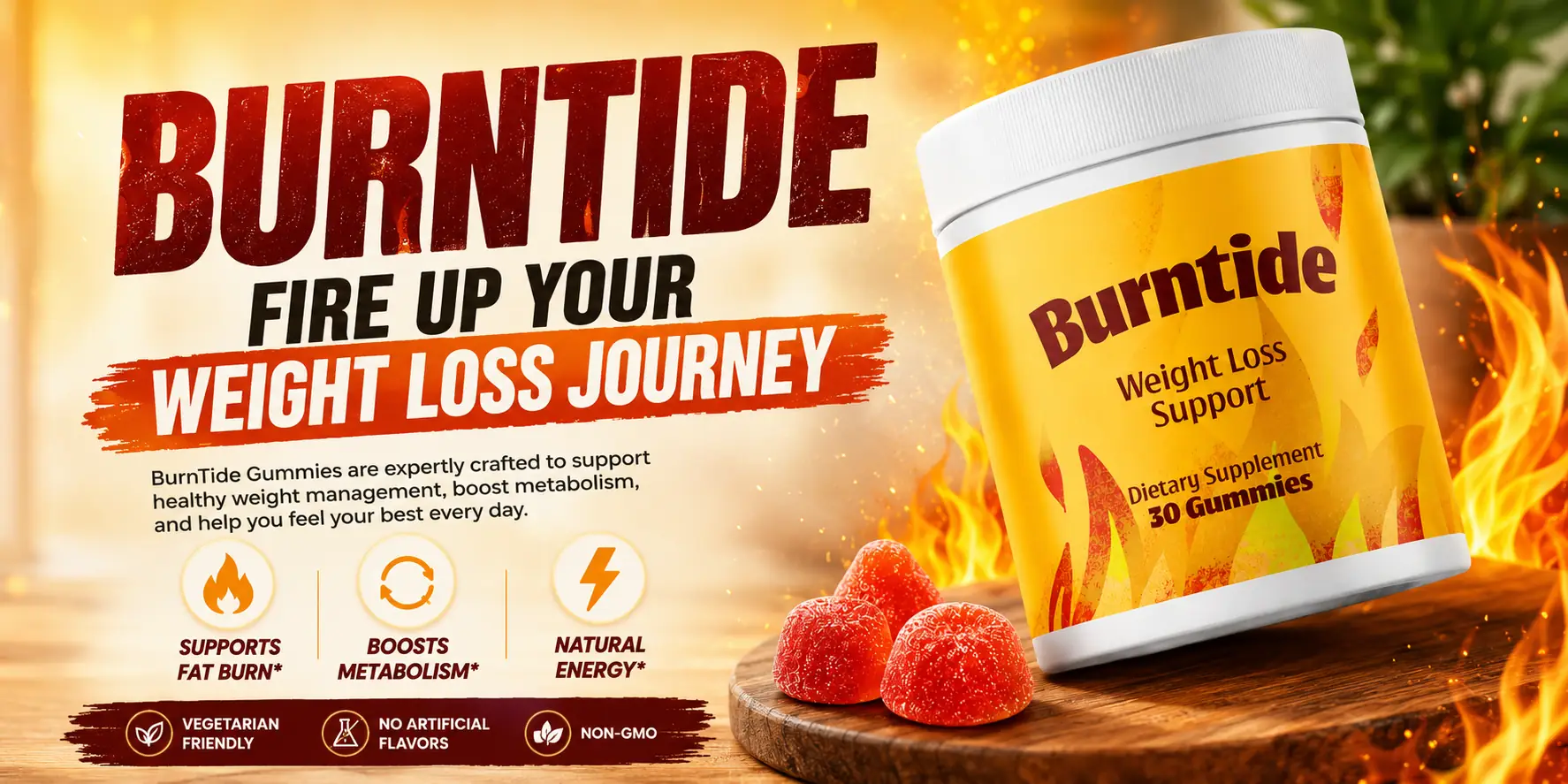 BurnTide BHB weight loss support gummies jar with gummies on a wooden board